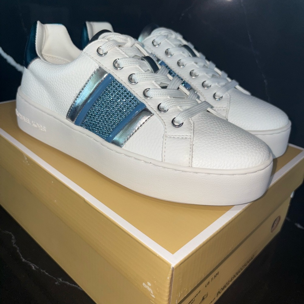 Michael Kors White and Metallic Blue Bling Sneakers NIB